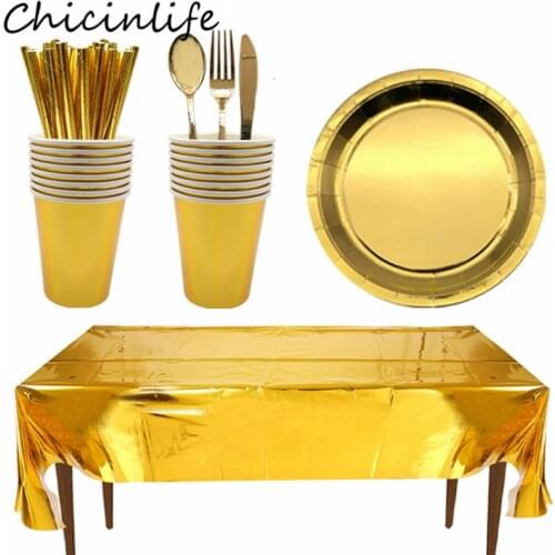 Chicinlife Gold Disposable Tableware Paper Plates Cups Tablecloth Straw Plastic Knife Fork Spoon Wedding Birthday Party Supplies