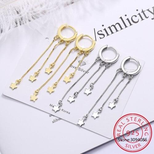 100% Soild 925 Sterling Silver Chain Tassel Earring Star Hoop Earrings Fine Jewely For Woman Ladies Bijoux Femme Charming Gift