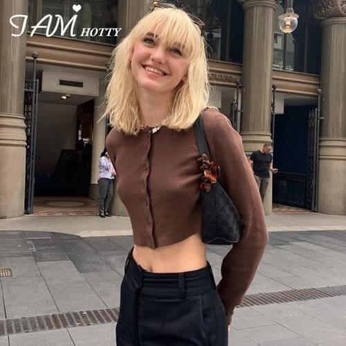 Basic Button Up Casual Brown Womens T-shirts Knitted Long Sleeve Slim Korean Fashion Crop Top Tees Goth Girl Shirt 90s Iamhotty