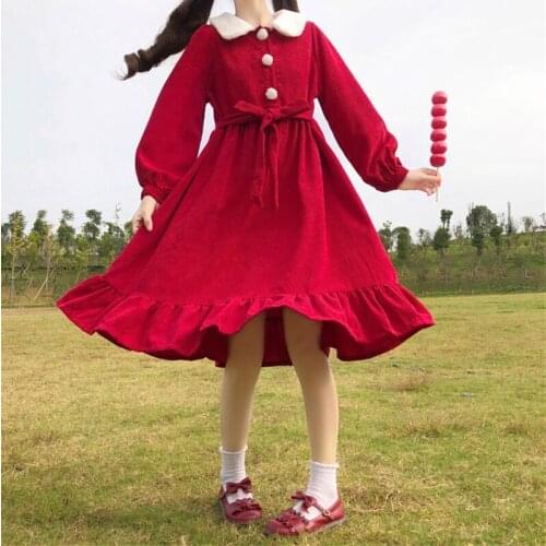 Japanese College Loose Retro Cute Lamb Wool Peter Pan Collar Corduroy Midi Dress for Women kawaii clothing sweet lolita dress