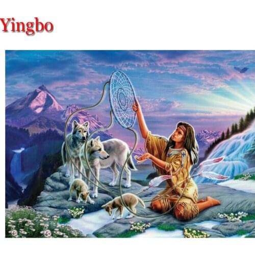 Full Square 5D Diamond Painting ndian woman and wolves DIY Diamond Embroidery Dream catcher Mosaic Handmade Gift Full Kits
