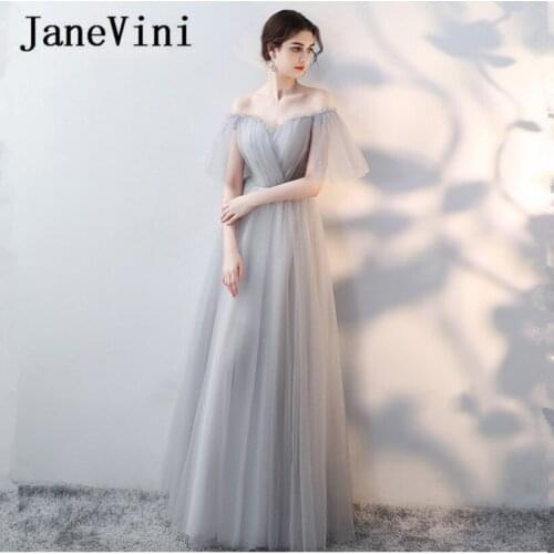 JaneVini Simple Light Gray Long Bridesmaid Dresses A-Line Tulle Girls Pageant Dress Sexy Backless Floor Length Formal Party Gown
