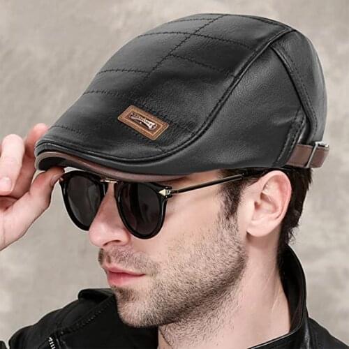 Retro Vintage PU Leather Newsboy Cap Mens Plain Duckbill Visor Hat Winter Autumn Warm Flat Caps Man Boinas Gatsby Hats