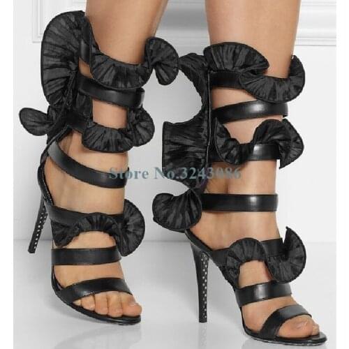 New Arrival Open Toe Narrow Band Ruffles Thin High Heel Sandals Black Yellow Patent Leather Banquet Shoes Fashion Party Shoes