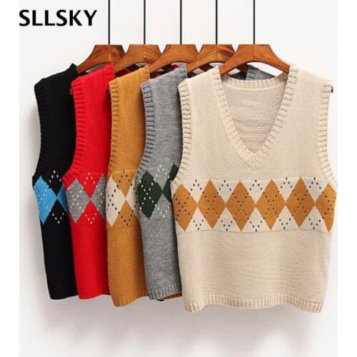SLLSKY Argyle Spliced Sweater Vest Women V-Neck Casual Vintage Pullover Knitted Sweater Soft Korean style Loose Sleeveless Tops