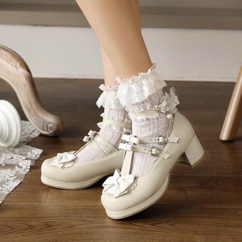IPPEUM Women Lolita Shoes Vintage Cute Lace Bowknot High Heel Platform Sweet Ladies Pumps Girls Princess Kawaii Party Cosplay