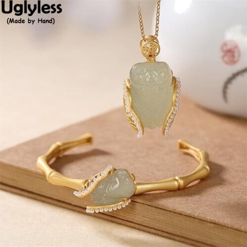 Uglyless Creative Cicada Jewelry Sets for Women Jade Insects Bangles Necklaces + Chain Pearls Wings Bamboo Bracelets 925 Silver