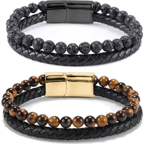 High Quality Leather Bracelets Men Stainless Steel Bracelet Charm Bracelets 8 Types Natural Stone Bangles Women Couple Jewelry