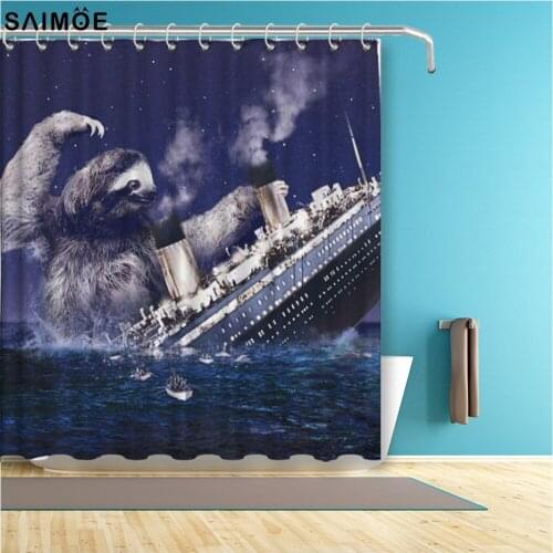 Funny Sloth Shower Curtain Set Bathroom Decor Navy Blue