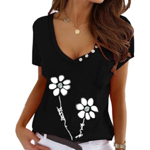 Summer Womens Loose Casual Tops T-shirt Floral Print V Neck Short Sleeves Buttons Pocket Top for Ladies Fashion Female Clothing