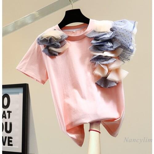 Womens T-Shirt 2021 Spring and Summer Korean Style Loose Round Neck Sweet Personality Mesh Stitching Polka Dot Bow Shirt Tops