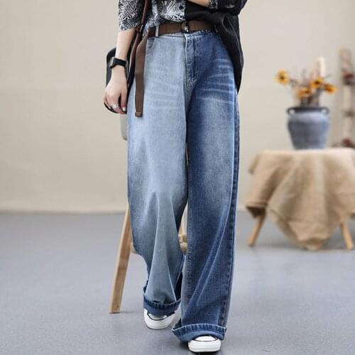 Johnature Women Cotton Jeans Vintage Casual Loose High Waist Wide Leg Pants 2021 Autumn New Washed Whiten Pocket Denim Trousers