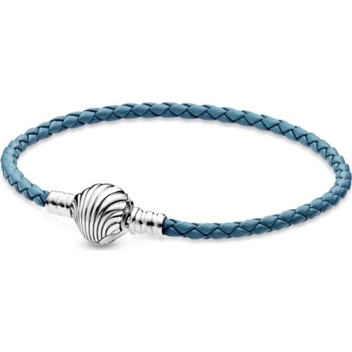 925 Sterling Silver Bracelet Femme Seashell Clasp Turquoise Braided Leather Bracelets Bangles Silver 925 Jewelry Party Pulseira