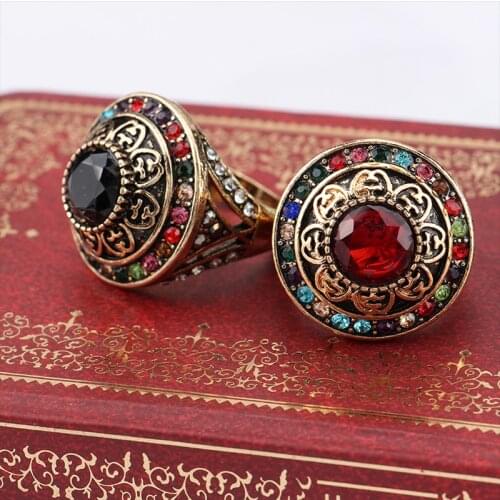 Blucome Royal Style Colorful Crystal Turkish Wide Ring Turkey Flower Round Resin Party Jewelry Vintage Women Lady Finger Ring