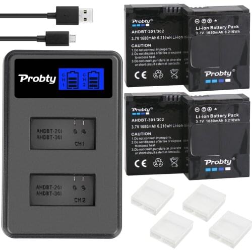 PROBTY 4Pcs 1600mAh AHDBT-301 GoPro Hero3 Battery + LCD Dual Charger For GoPro Hero 3 Hero 3+ Camera Accessories
