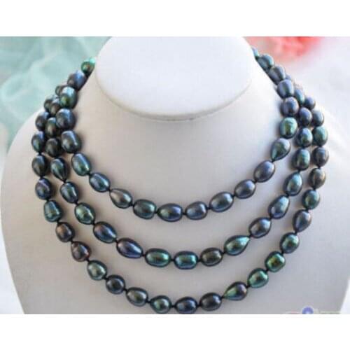 9-10mm New Tahitian Black Natural Pearl Necklace 48" AAA