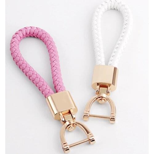 High-Grade Woven Leather Car KeyChain Rotating Golden Horseshoe Buckle Women Men Key Rings Holder Genuine Charm Bag Pendant