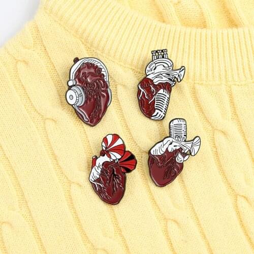 Heart instrument Enamel Pins custom made Saxophone Microphone Brooches Badge Denim Shirt Lapel Pins Jewelry Gifts for friends