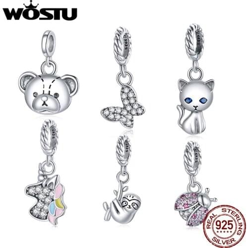 WOSTU Cute Animals Pendant Beads 925 Sterling Silver Small Aperture Charms Pendant Fit DIY Bracelet Necklace Jewelry Gift BKX120