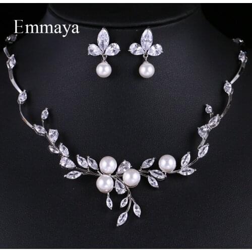 Emmaya Luxury Style Growing Leaves With Pearl Cubic Zircon Elegant Jewellry Sets Earring Necklace For Women Attending Party