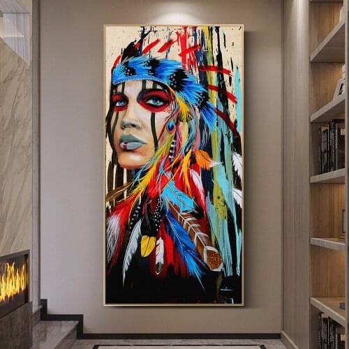 Colorful Feather Indian Woman Canvas Paintings Woman Portrait Posters and Print Wall Art Picture for Living Room Home Decoration