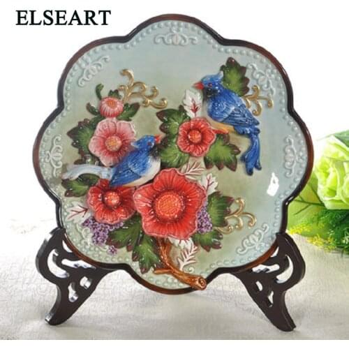 Chinese ceramic bird lovers wall dishes with wood shelf porcelain decorative plates vintage home decor crafts room decoration