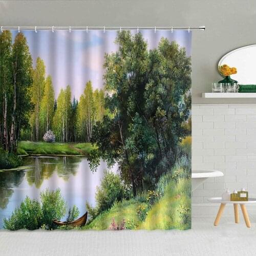 Forest River Oil Painting Landscape Shower Curtain Fabric Flower High Quality Bathroom Supplies Decor With Hooks Cloth Curtains