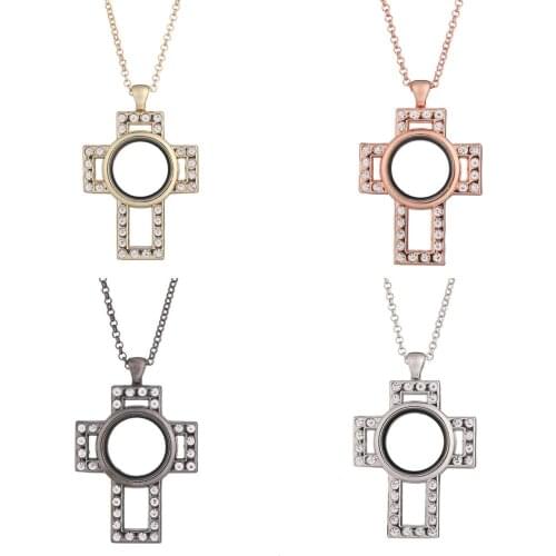 Metal Cross Glass Living memory locket Pendant Chain Necklace Finding Floating Aromatherapy locket Jewelry Supplies