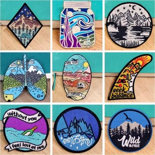 Mountain Camping Iron On Patches For Clothing Patch Embroidery Patch Landscape Outdoor Badge Stripes For Clothes Applique Decor