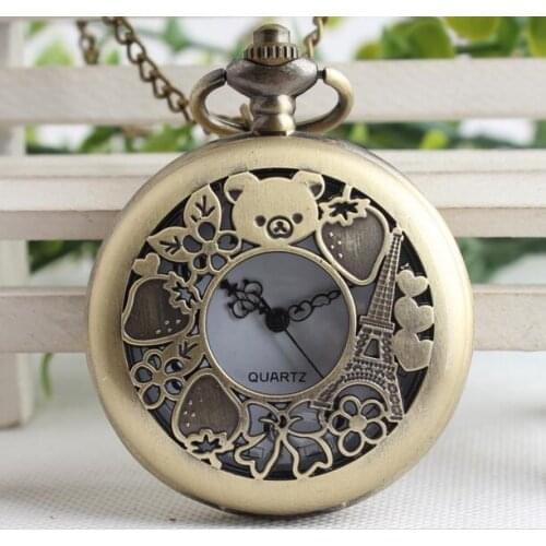 New Bronze antiques quartz Hollow out panda Eiffel Tower cute students gift Necklace pocket watches QA45MM