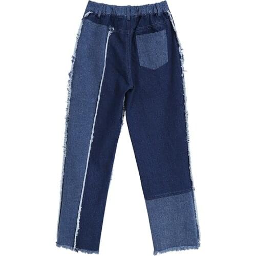 New Spring Woman Denim Fashion Long Blue Wide Legs Pants Fringe Edge Elastic Waist Jean Trousers Japanese Streetwear Style 6999