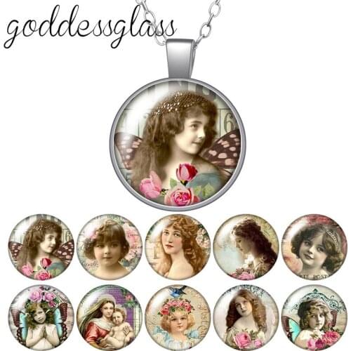 Retro images Vintage style Beauty Lady Baby Round Glass glass cabochon silver plated/Crystal pendant necklace jewelry for Gift