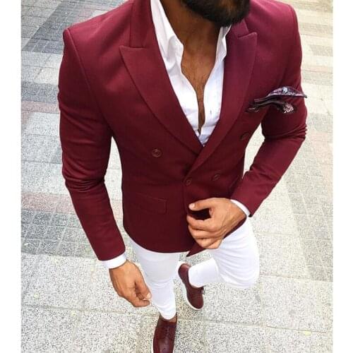 Tailor Made Fashion Double Breasted Red Wine Blazer With White Pants Slim Fit Groomsmen For Wedding Dinner Party Male Clothing