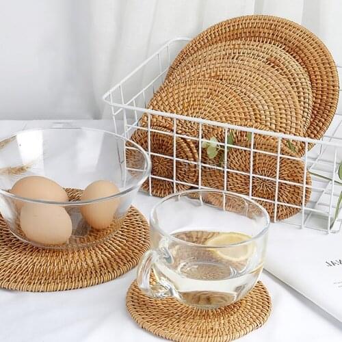 New 8/10/13/16/20cm Rattan Bamboo Coasters Round Table Padding Natural Bowl Cup Mat Hand-made Insulation Placemats Kitchen Tools