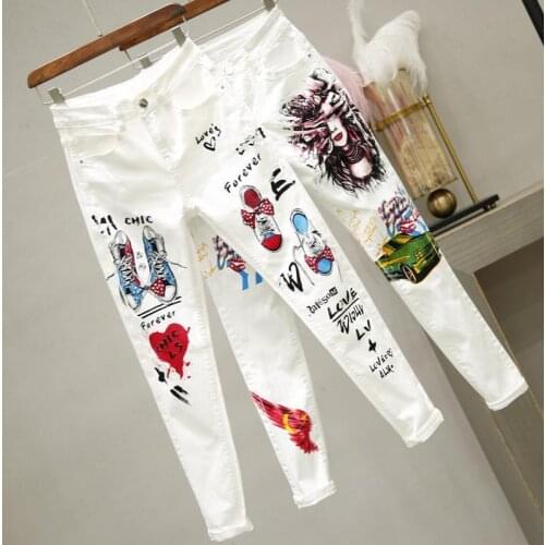Plus Size Women White Denim Jeans Cartoon Graffiti Flowers Print Stretched Hallen Jeans Pencil Pants Autumn Skinny Jeans D132