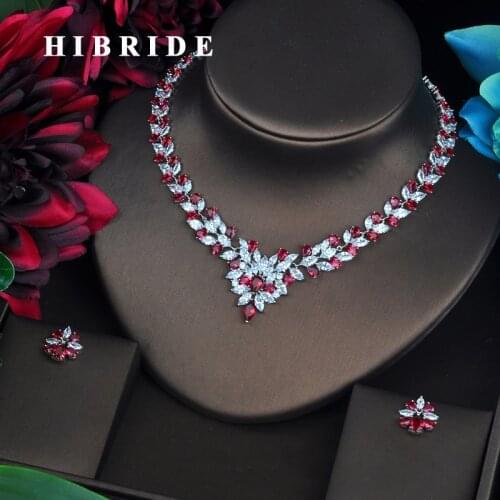 HIBRIDE Luxury Red Flower Wreath Shape Cubic Zircon Jewelry Set For Women Bride Necklace Set Wedding Accessories Wholesale N-479