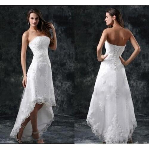 Wedding Dresses Sexy Strapless Appliques Lace High Low Little White Ivory Lace Up Back Summer Beach Short Bridal Gowns