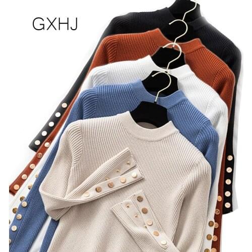 Casual autumn winter women sweater long sleeve button o-neck chic Sweater Female Slim knit top soft jumper sweater S-XL LHJ249