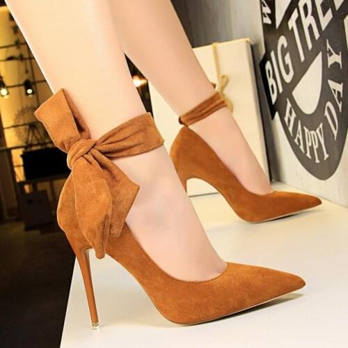 New Womens High-heeled Stilettos Pumps Simple Suede Shallow Pointed Toe High Heels Shoes Bowknot Dress Shoes Wedding Shoes