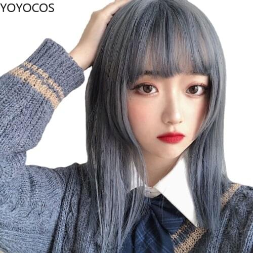 YOYOCOS Gray-blue Gradient Synthesis Heat-resistant Synthesis Shawl Wig Cosplay Lolita with Bangs Natural Wigs Halloween New Wig