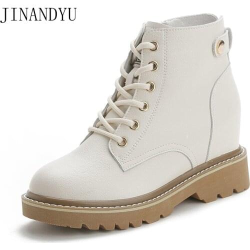 Ankle Heel Boots Wedge Shoe Platform Heels Winter Boot Women Leather Genuine Korean Fashion Punk Style Boots Botines Beige Mujer