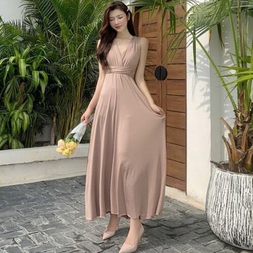 Bohemian V-Neck Women Dresses Strapless Back Cross Sexy Summer Female Long Dresses Fashion Elegant Sleeveless Dresses LJ3073