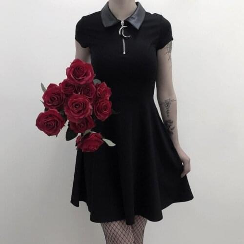 2021 New Hot Sexy Casual Autumn Solid Moon Zippers Women Dresses Sexy Fashion Gothic Dress Short Sleeve Women Dress