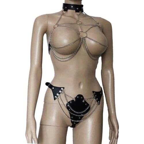 Women Sexy Fetish Leather Chain Bikini Cupless Bra Vest and Open Crotch Chained G-String Body Harness Fetish Lingerie Set