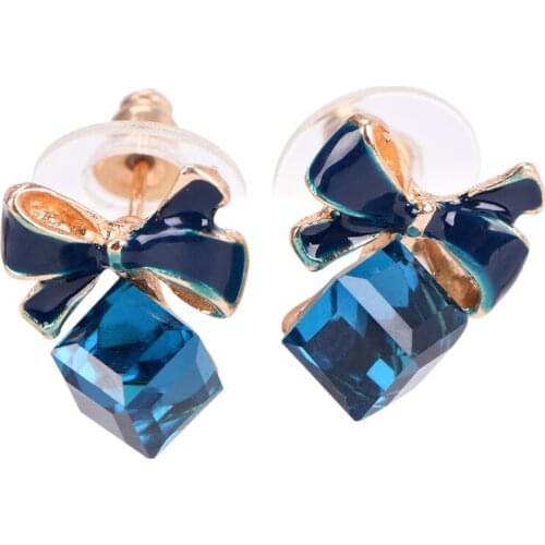 1Pair Vintage Crystal Fashion Rhinestone Dangle Earrings Cute Blue Bowknot Square Drop Earrings For Women