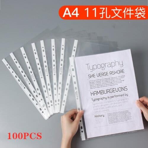 100Pcs A4 Plastic Punched Pockets Folders Filing 11 Holes Loose Leaf Documents Sheet Protectors Transparent Folder Bag