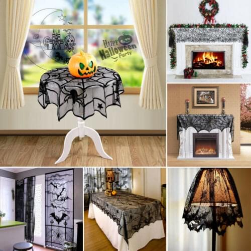 6 Styles Halloween Black Lace Spider Web Topper Lamp Shades Fireplace Mantle Scarf Cover