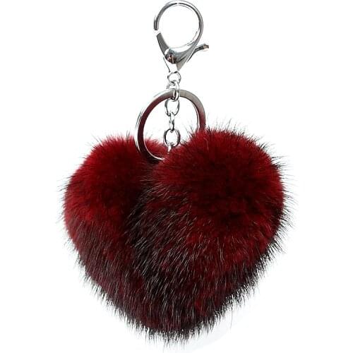 Cute heart fluffy pompom mink fur keychains keyring women gift porte clef handbag purse accessories bag charm