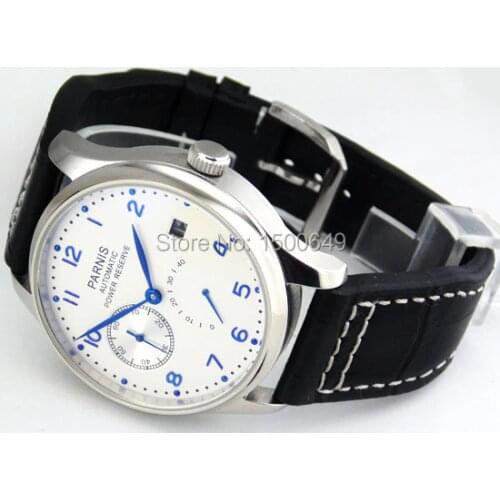 43mm Parnis watch white dial blue marks Power Reserve Automatic mechanical movement Mens watch