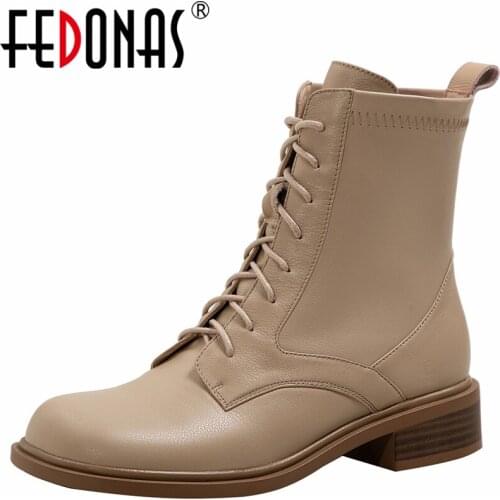 FEDONAS 2021 Classic Basic Women Ankle Boots Autumn Winter Genuine Leather Lace-Up Working Casual Low Heels Shoes Woman Concise